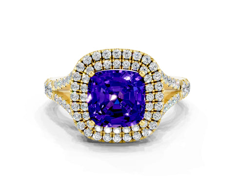 Yellow gold Cushion Cut Tanzanite Pavé Split Shank Double Halo Engagement Ring