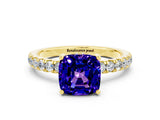 Yellow gold Cushion Cut Tanzanite Pave Band Solitaire Ring with Four-Prong Setting_24