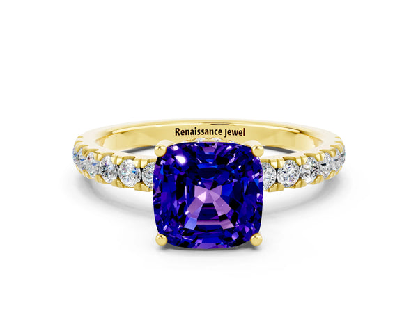 Yellow gold Cushion Cut Tanzanite Pave Band Solitaire Ring with Round  and Prong Setting