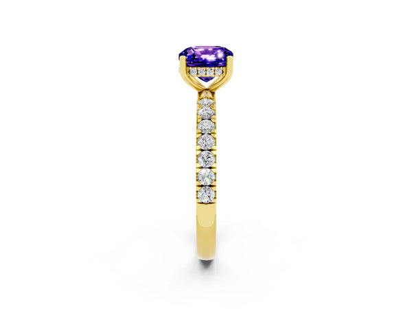Yellow gold Cushion Cut Tanzanite Pave Band Solitaire Ring with Round  and Prong Setting