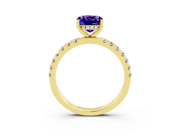 Yellow gold Cushion Cut Tanzanite Pave Band Solitaire Ring with Round  and Prong Setting