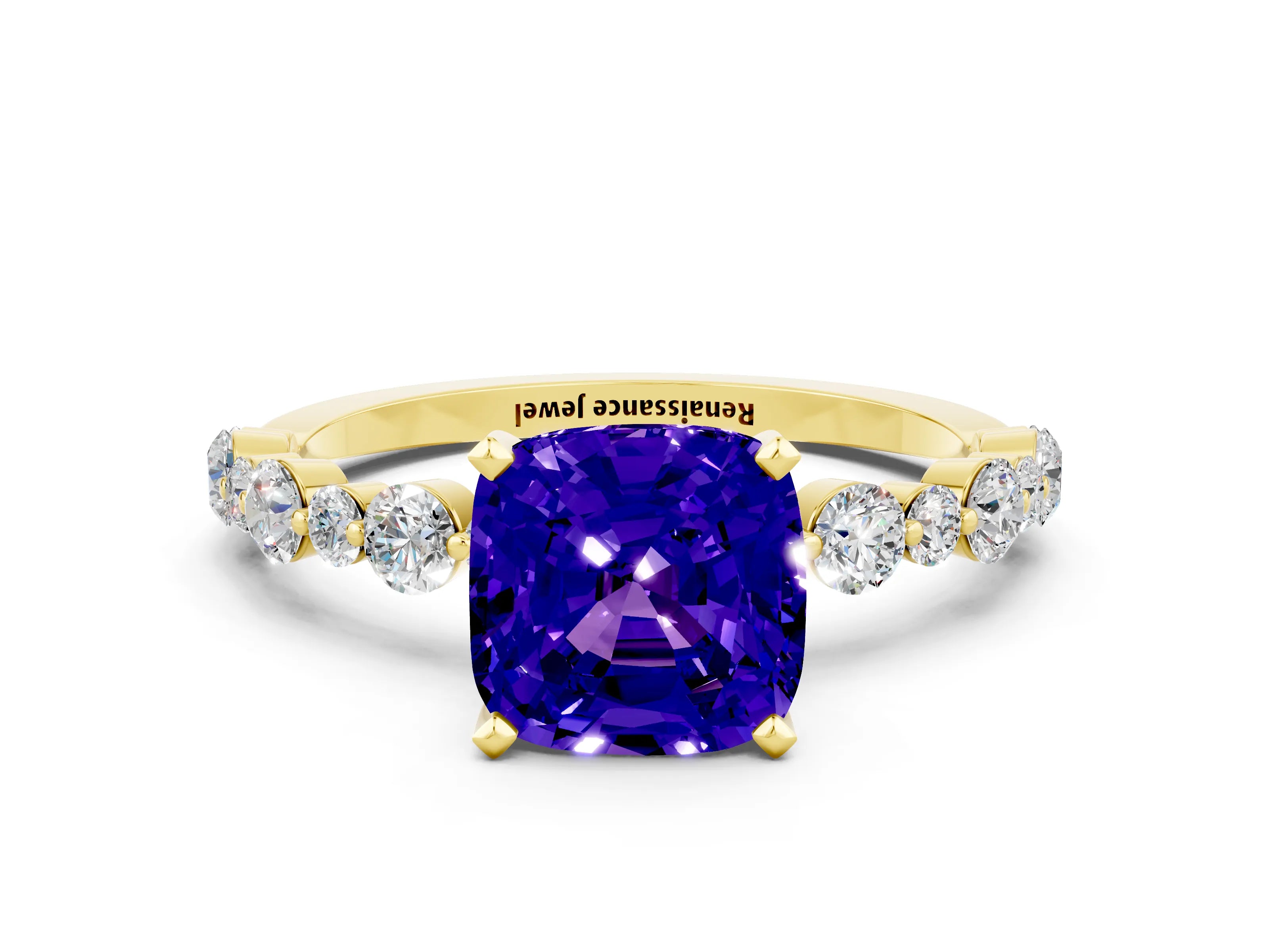 Yellow gold Cushion Cut Tanzanite Prong Set Engagement Ring with Pavé Band