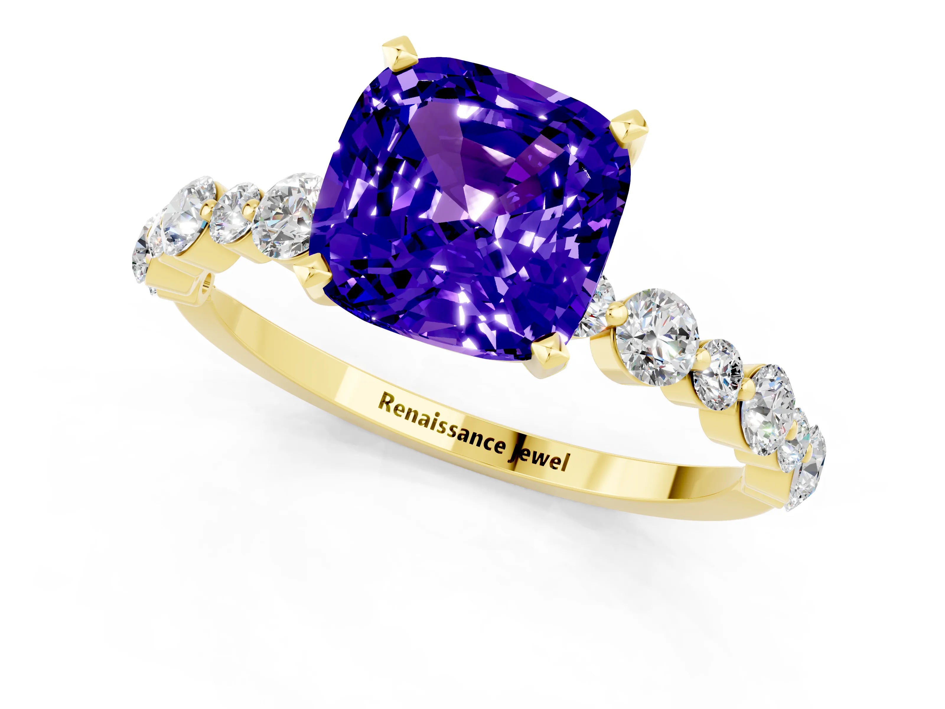 Yellow gold Cushion Cut Tanzanite Prong Set Engagement Ring with Pavé Band_1