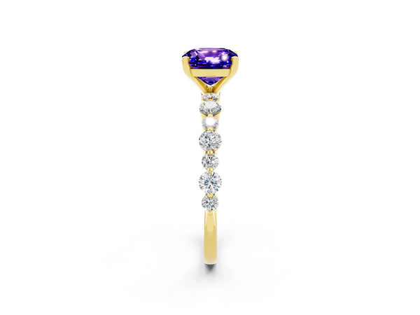 Yellow gold Cushion Cut Tanzanite Prong Set Engagement Ring with Pavé Band
