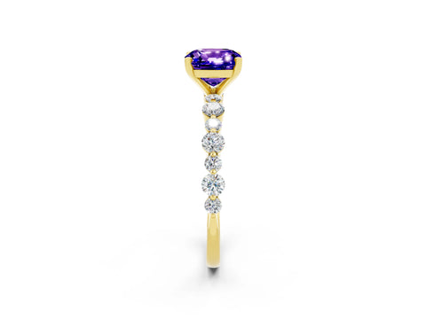 Yellow gold Cushion Cut Tanzanite Prong Set Engagement Ring with Pavé Band_2