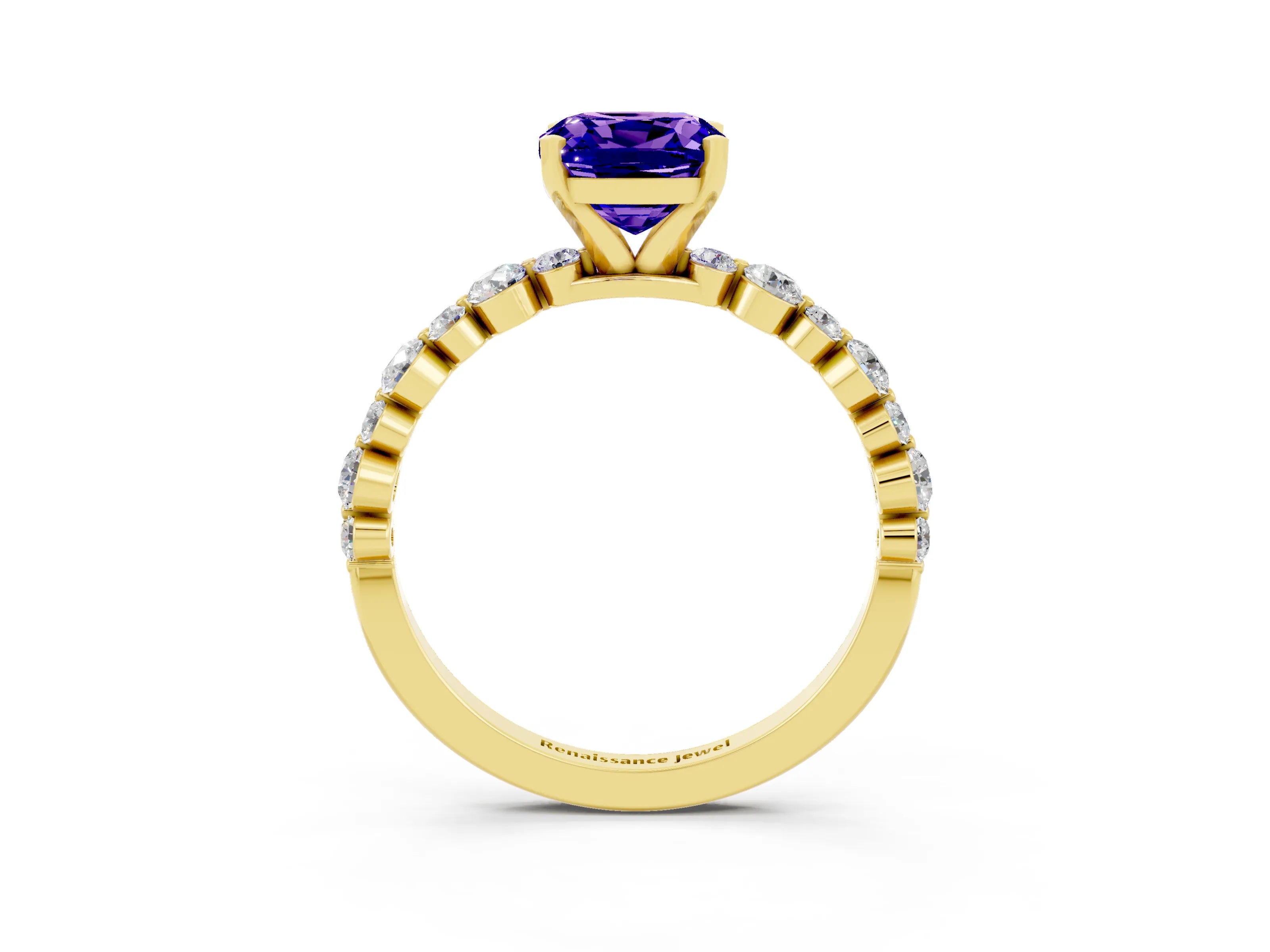 Yellow gold Cushion Cut Tanzanite Prong Set Engagement Ring with Pavé Band_3