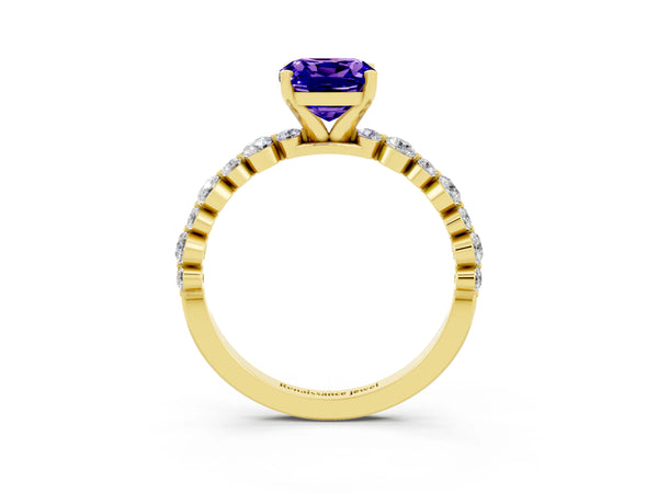 Yellow gold Cushion Cut Tanzanite Prong Set Engagement Ring with Pavé Band