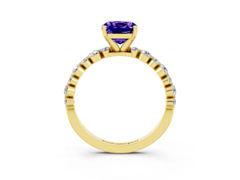 Yellow gold Cushion Cut Tanzanite Prong Set Engagement Ring with Pavé Band_3