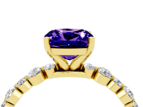 Yellow gold Cushion Cut Tanzanite Prong Set Engagement Ring with Pavé Band_4