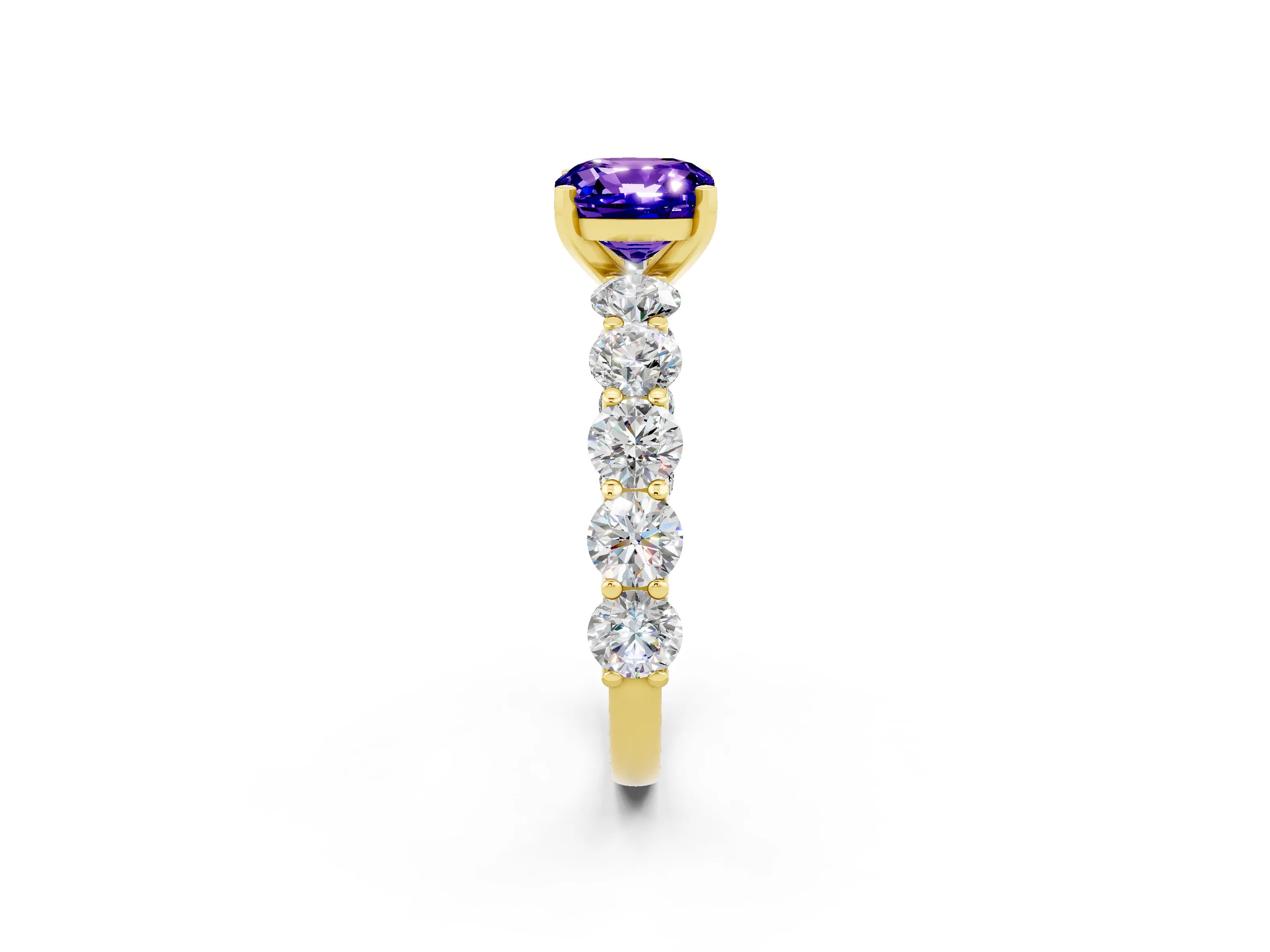 Yellow gold Cushion Cut Tanzanite Prong Setting with Side Stones on a Pave Band_2