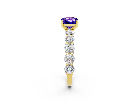 Yellow gold Cushion Cut Tanzanite Prong Setting with Side Stones on a Pave Band_2