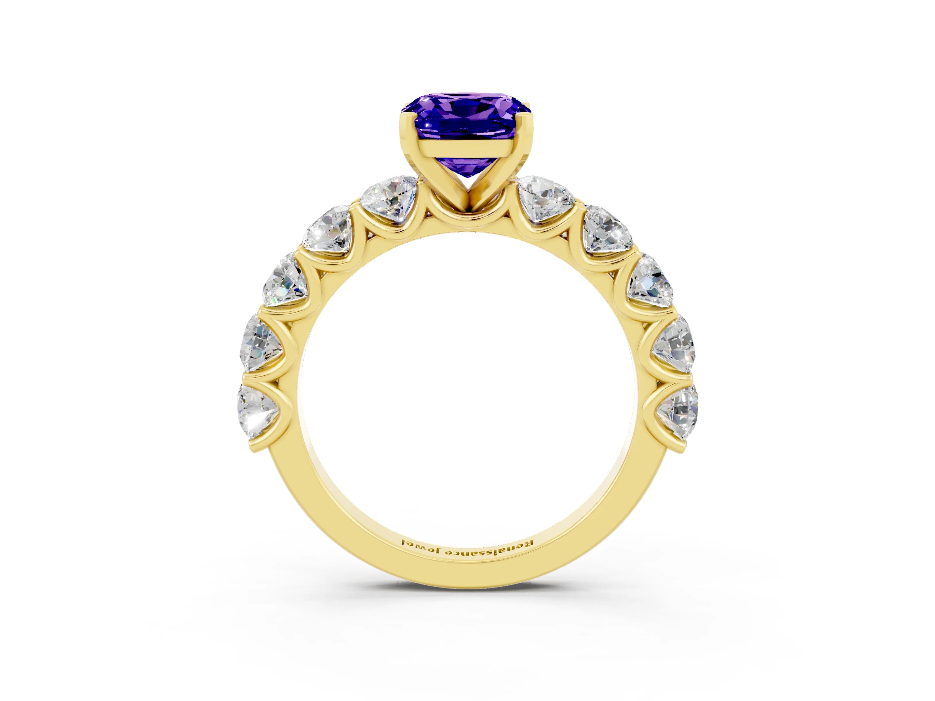 Yellow gold Cushion Cut Tanzanite Prong Setting with Side Stones on a Pave Band_3