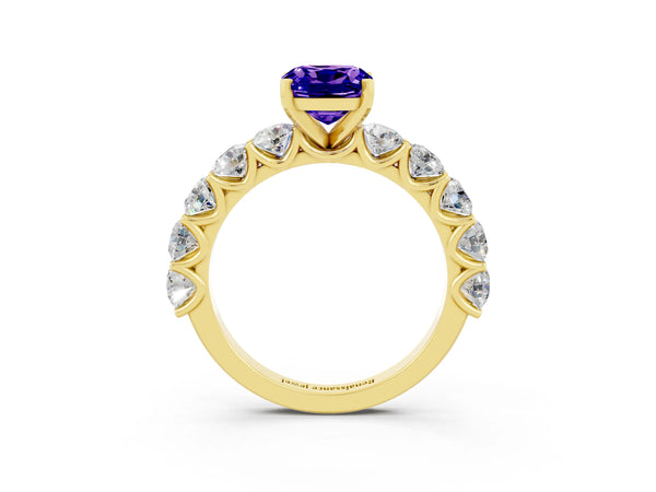 Yellow gold Cushion Cut Tanzanite Prong Setting with Side Stones on a Pave Band