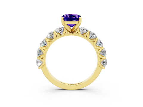 Yellow gold Cushion Cut Tanzanite Prong Setting with Side Stones on a Pave Band_3