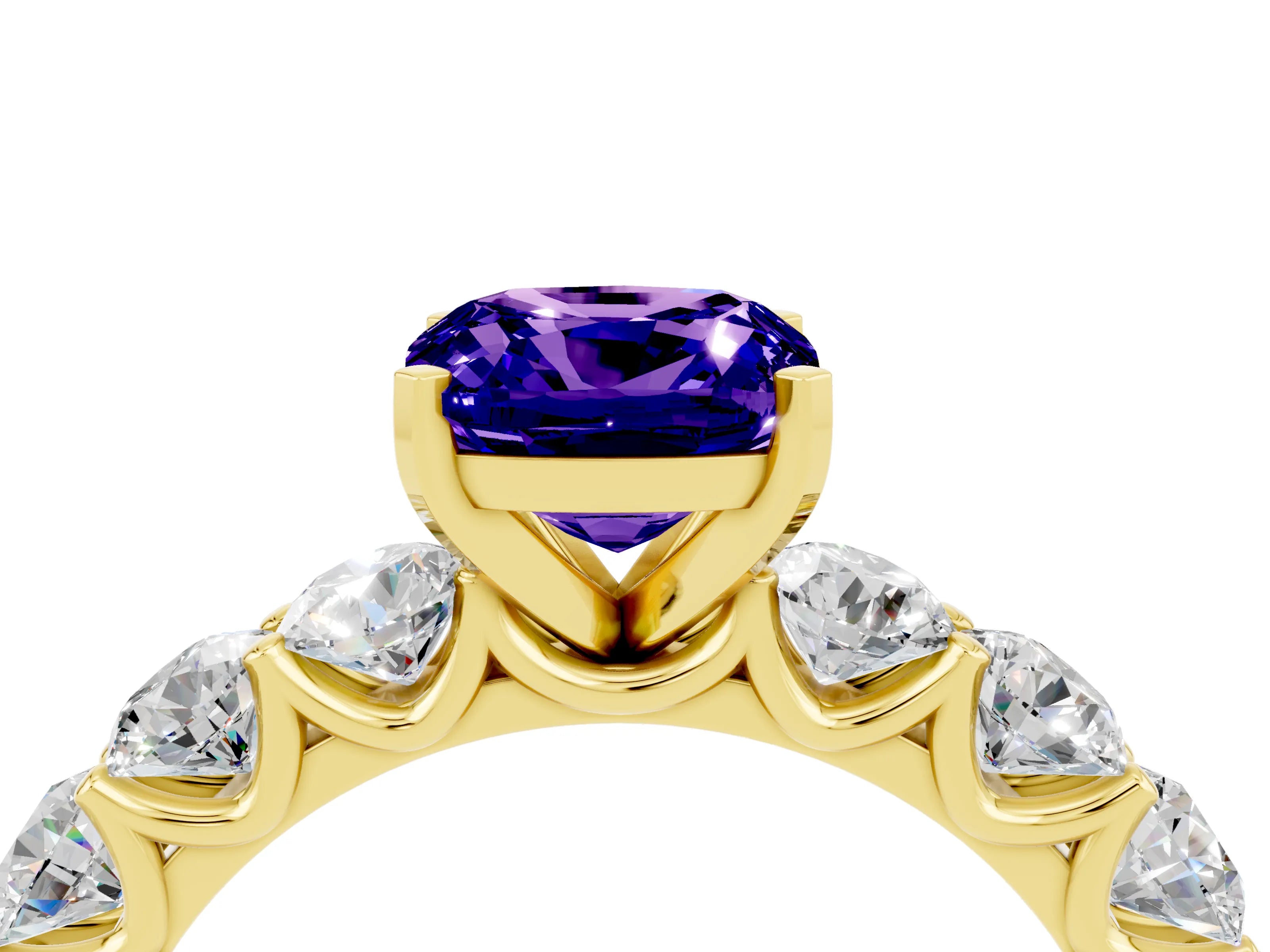 Yellow gold Cushion Cut Tanzanite Prong Setting with Side Stones on a Pave Band_4
