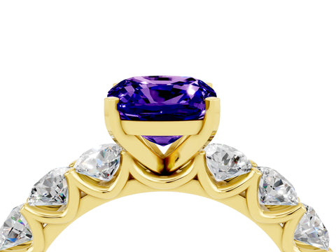 Yellow gold Cushion Cut Tanzanite Prong Setting with Side Stones on a Pave Band_4