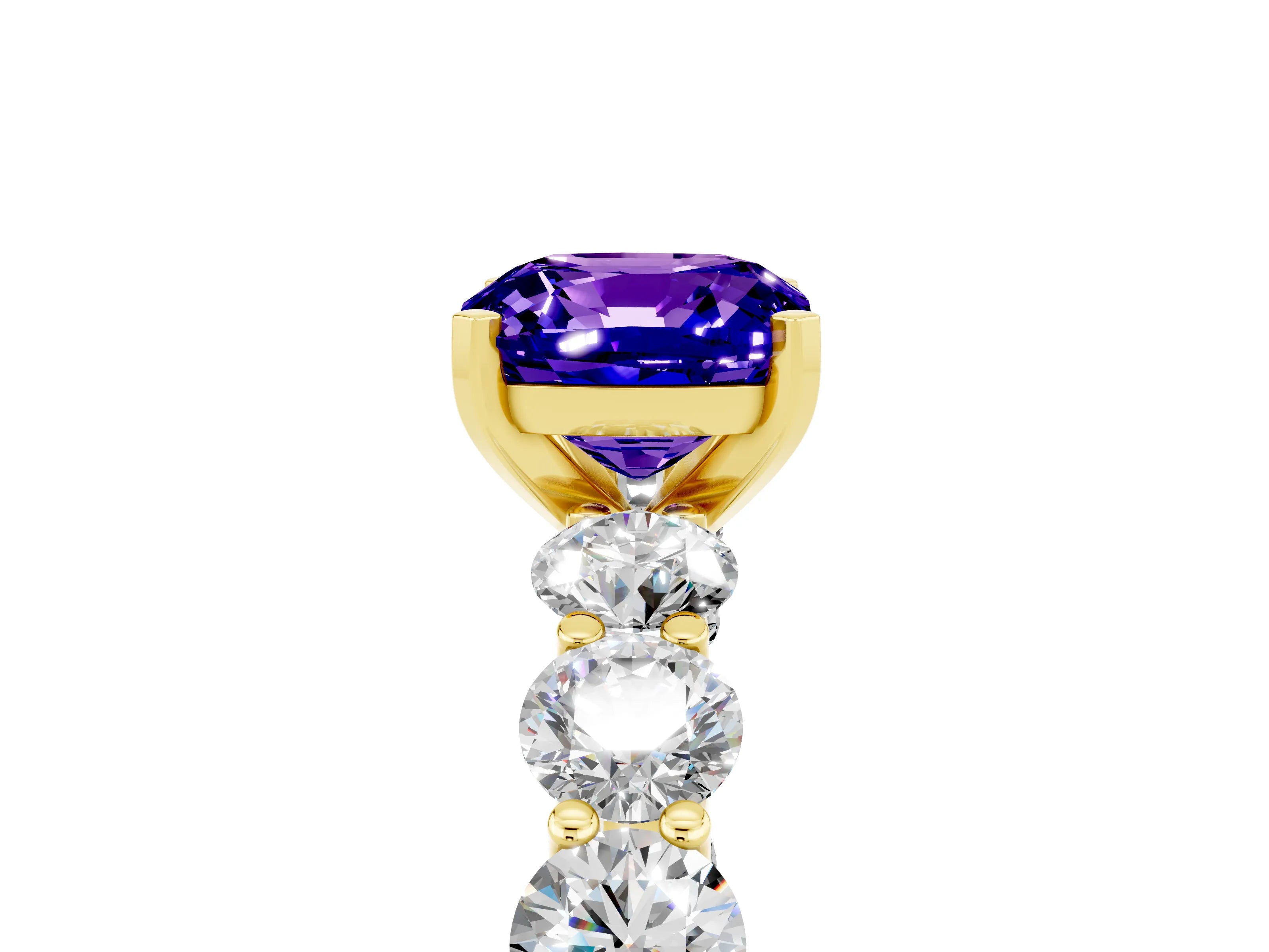 Yellow gold Cushion Cut Tanzanite Prong Setting with Side Stones on a Pave Band_5