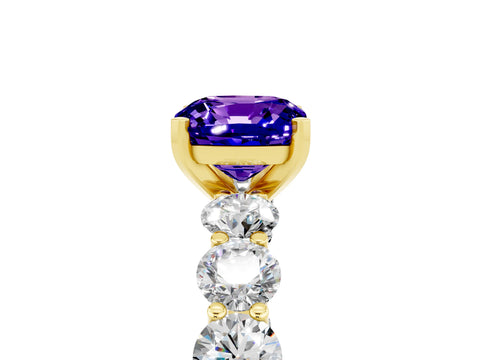 Yellow gold Cushion Cut Tanzanite Prong Setting with Side Stones on a Pave Band_5