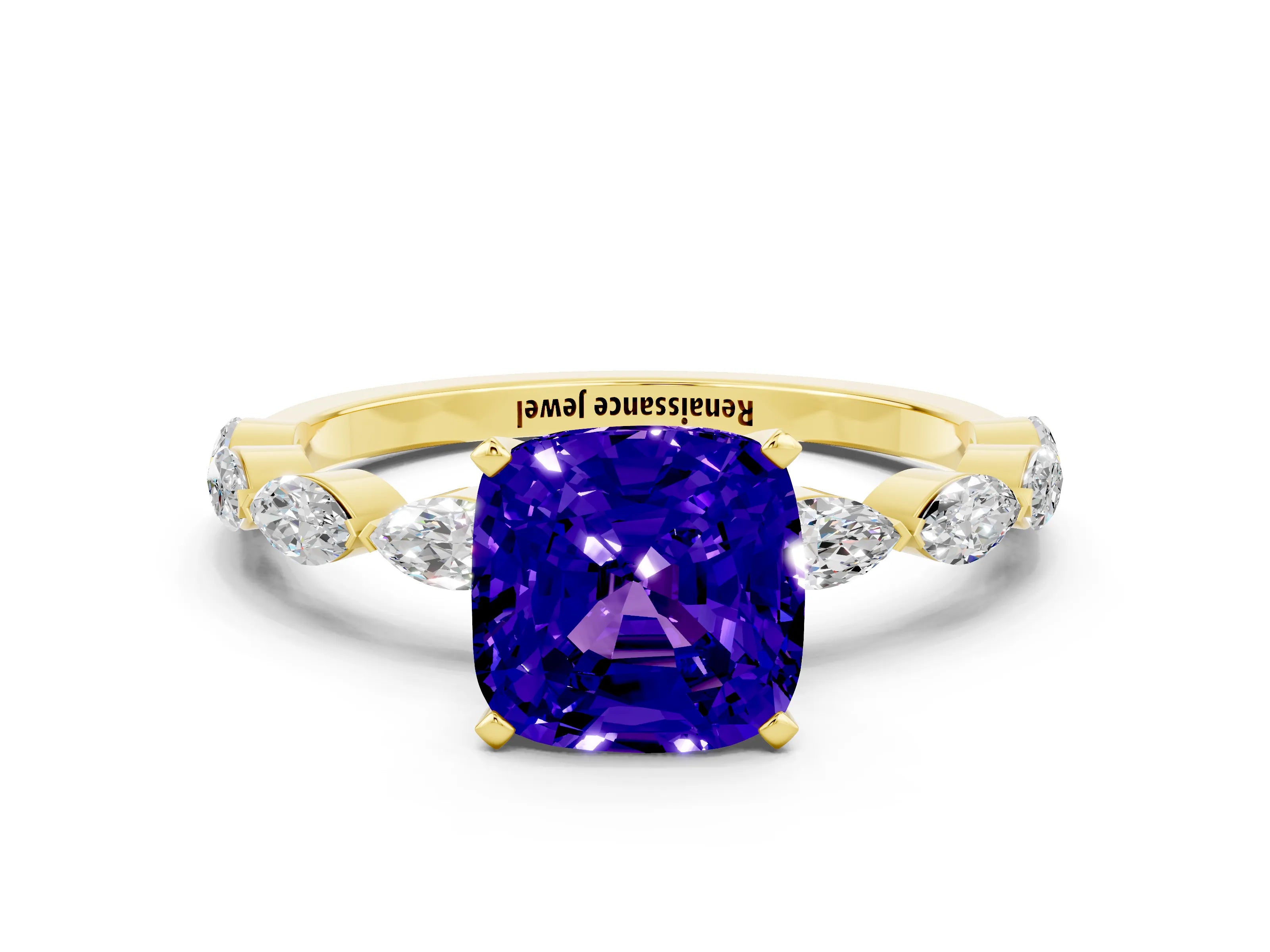 Yellow gold Cushion Cut Tanzanite Ring with Marquise Side Stones and Prong Setting