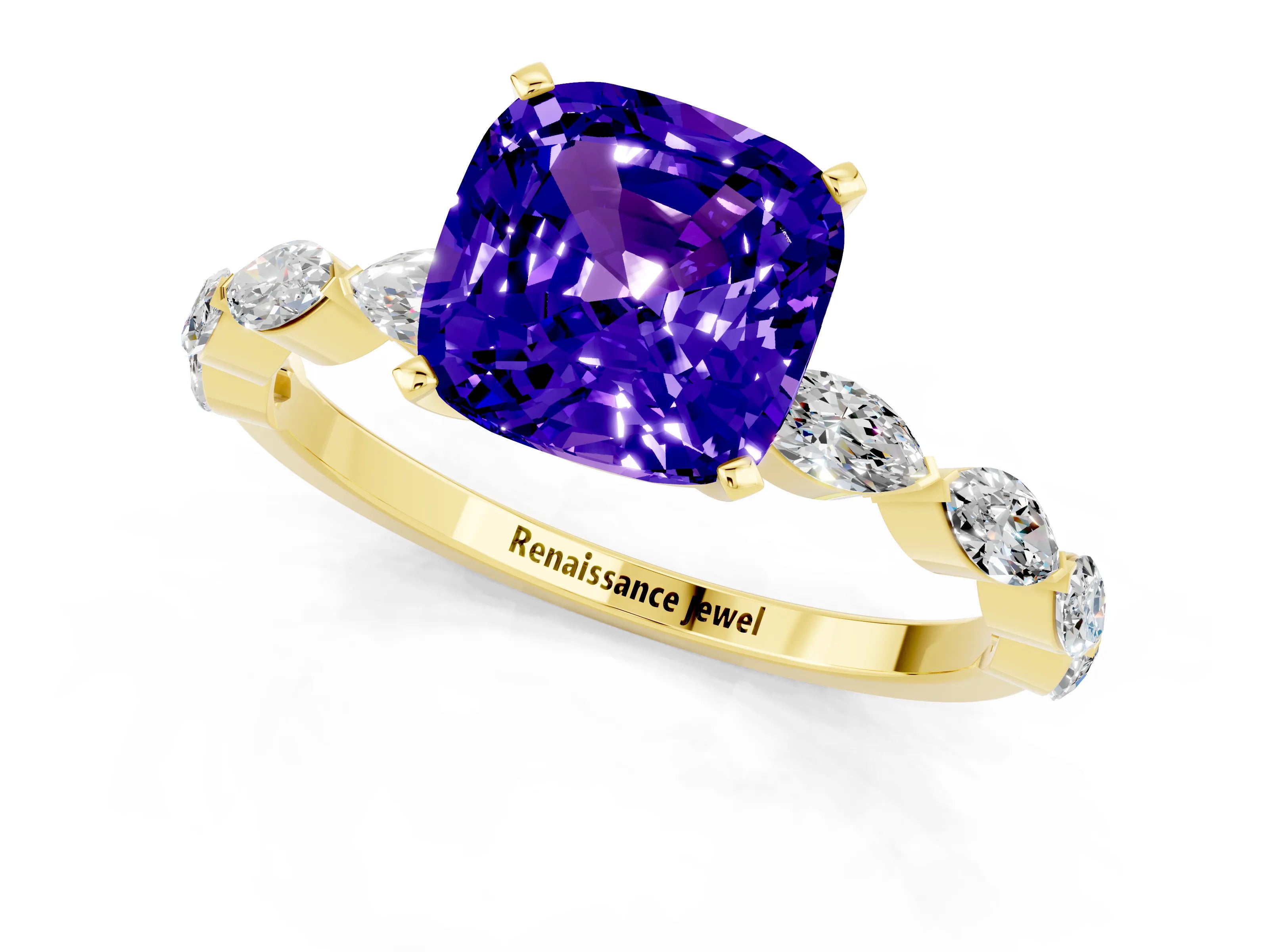 Yellow gold Cushion Cut Tanzanite Ring with Marquise Side Stones and Prong Setting_1