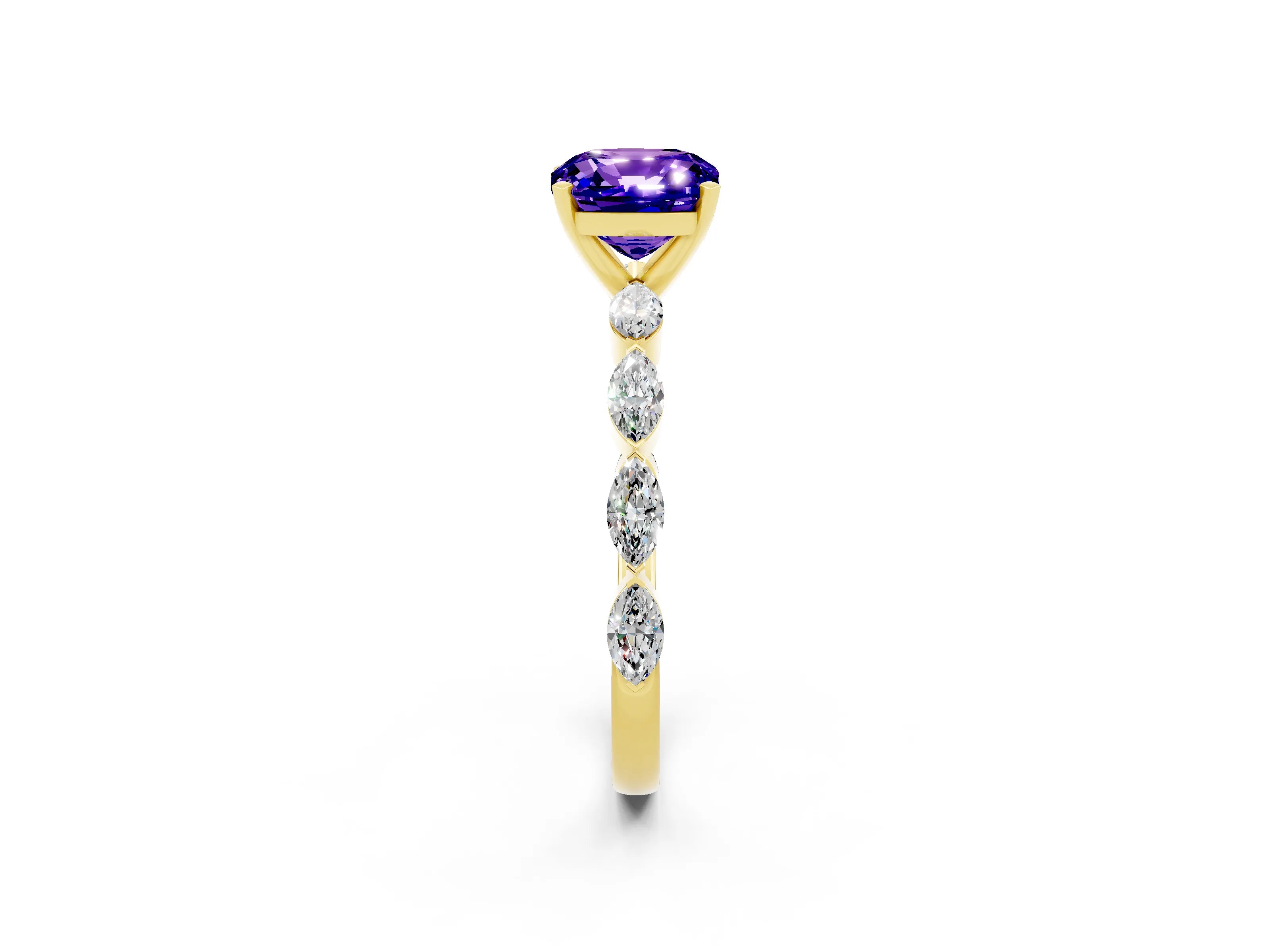 Yellow gold Cushion Cut Tanzanite Ring with Marquise Side Stones and Prong Setting_2