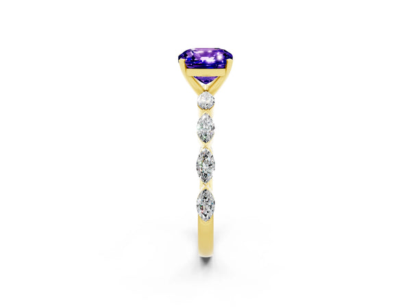 Yellow gold Cushion Cut Tanzanite Ring with Marquise Side Stones and Prong Setting