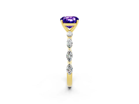 Yellow gold Cushion Cut Tanzanite Ring with Marquise Side Stones and Prong Setting_2