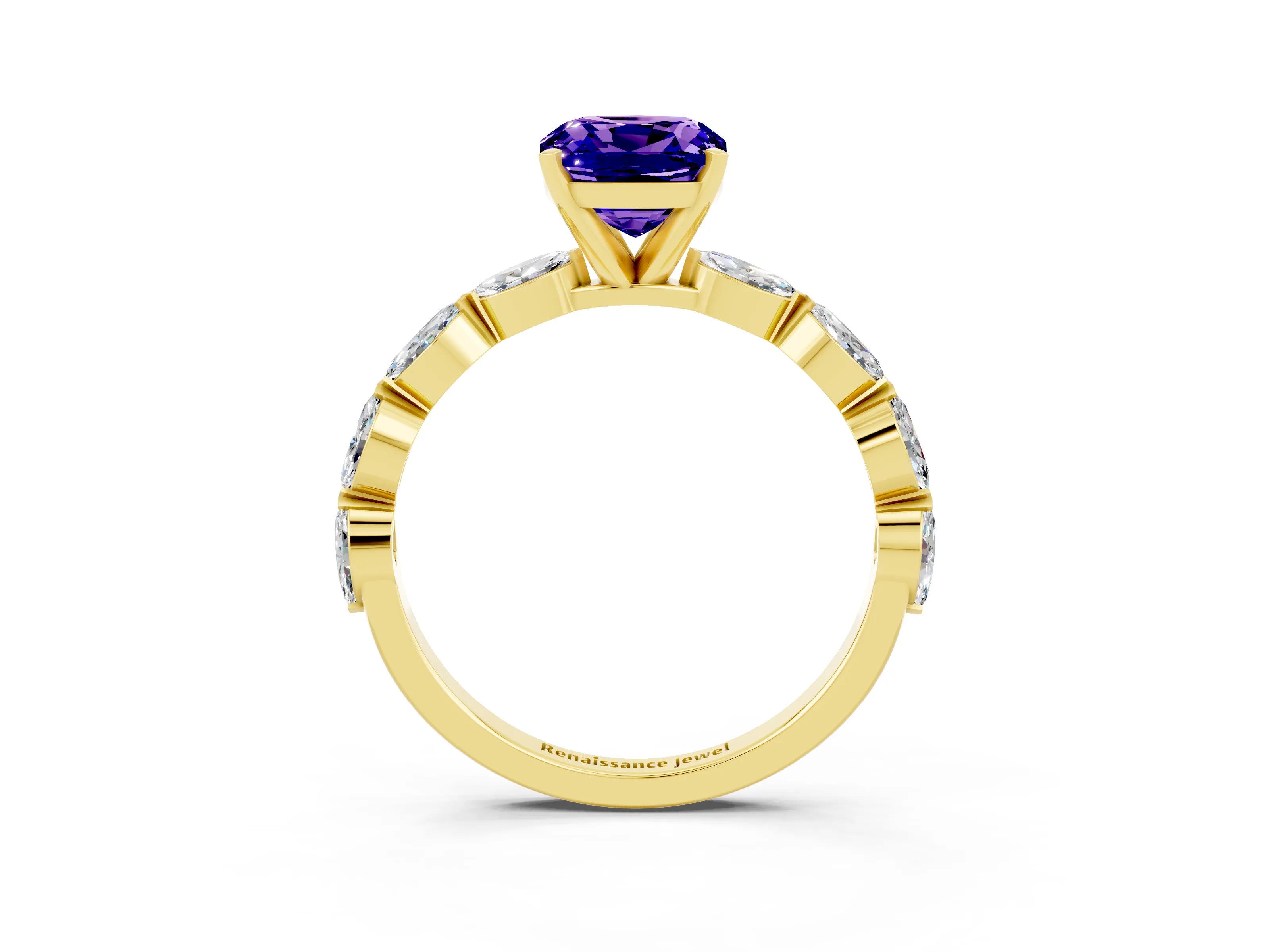 Yellow gold Cushion Cut Tanzanite Ring with Marquise Side Stones and Prong Setting_3