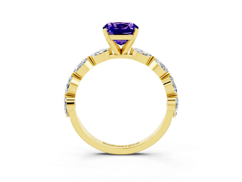 Yellow gold Cushion Cut Tanzanite Ring with Marquise Side Stones and Prong Setting_3