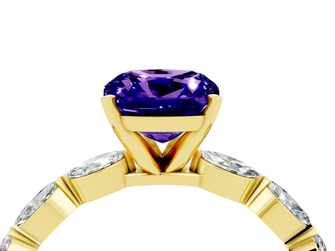 Yellow gold Cushion Cut Tanzanite Ring with Marquise Side Stones and Prong Setting_4