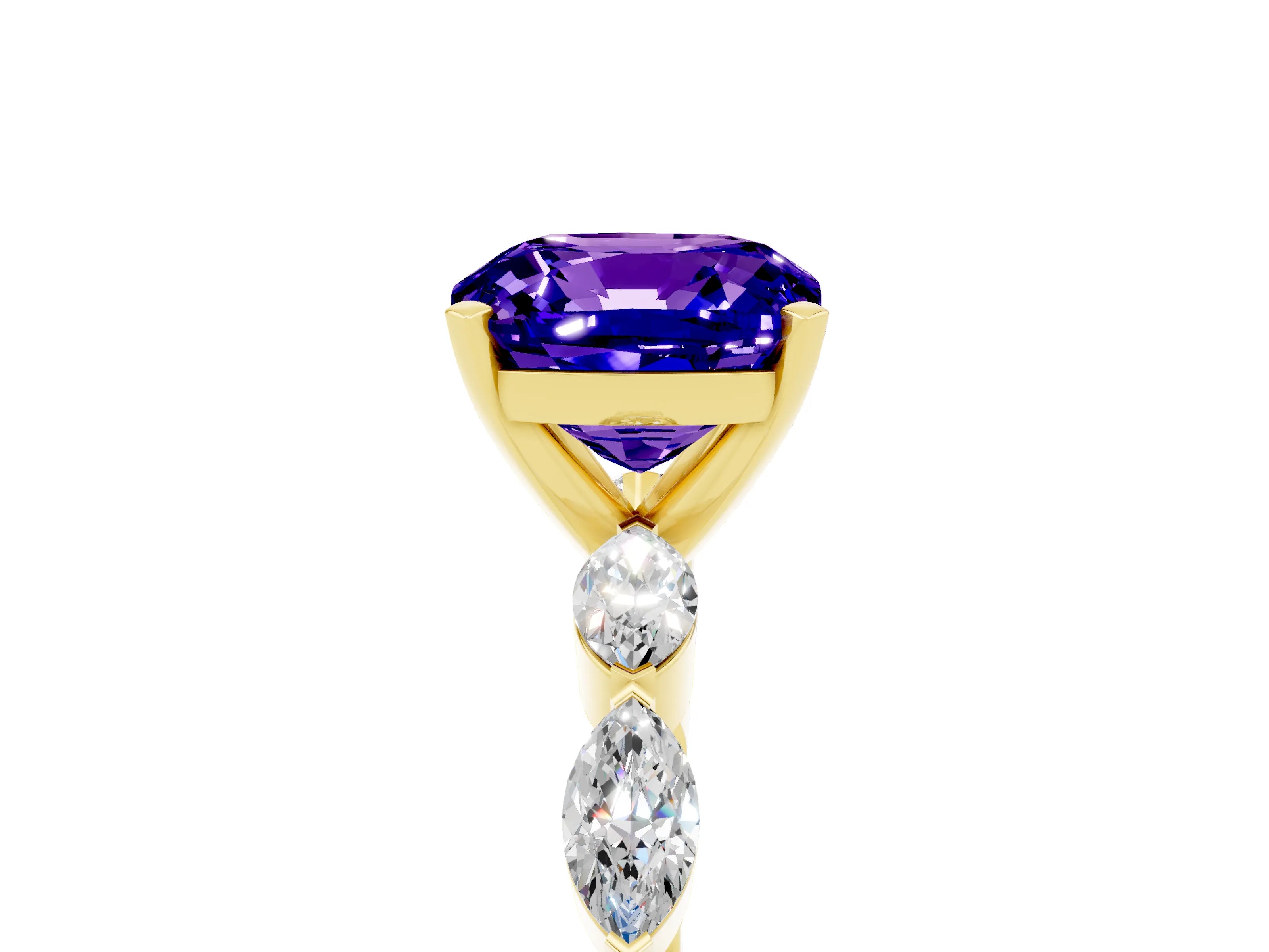 Yellow gold Cushion Cut Tanzanite Ring with Marquise Side Stones and Prong Setting_5