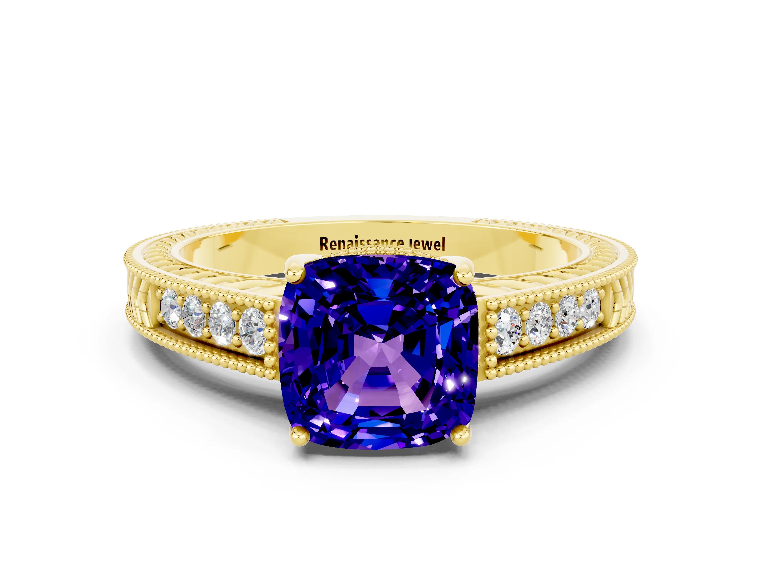 Yellow gold Cushion Cut Tanzanite Ring with Milgrain Pavé Band and Four-Prong Setting_12