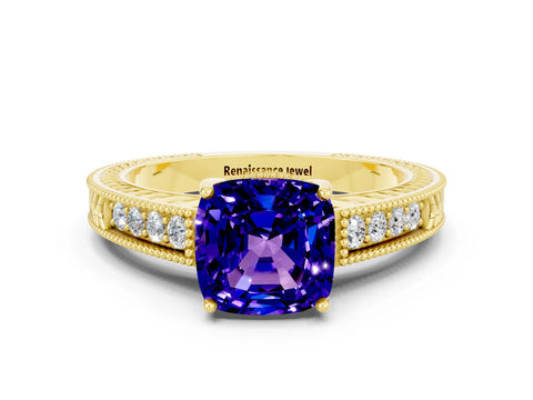 Yellow gold Cushion Cut Tanzanite Ring with Milgrain Pavé Band and Four-Prong Setting_12