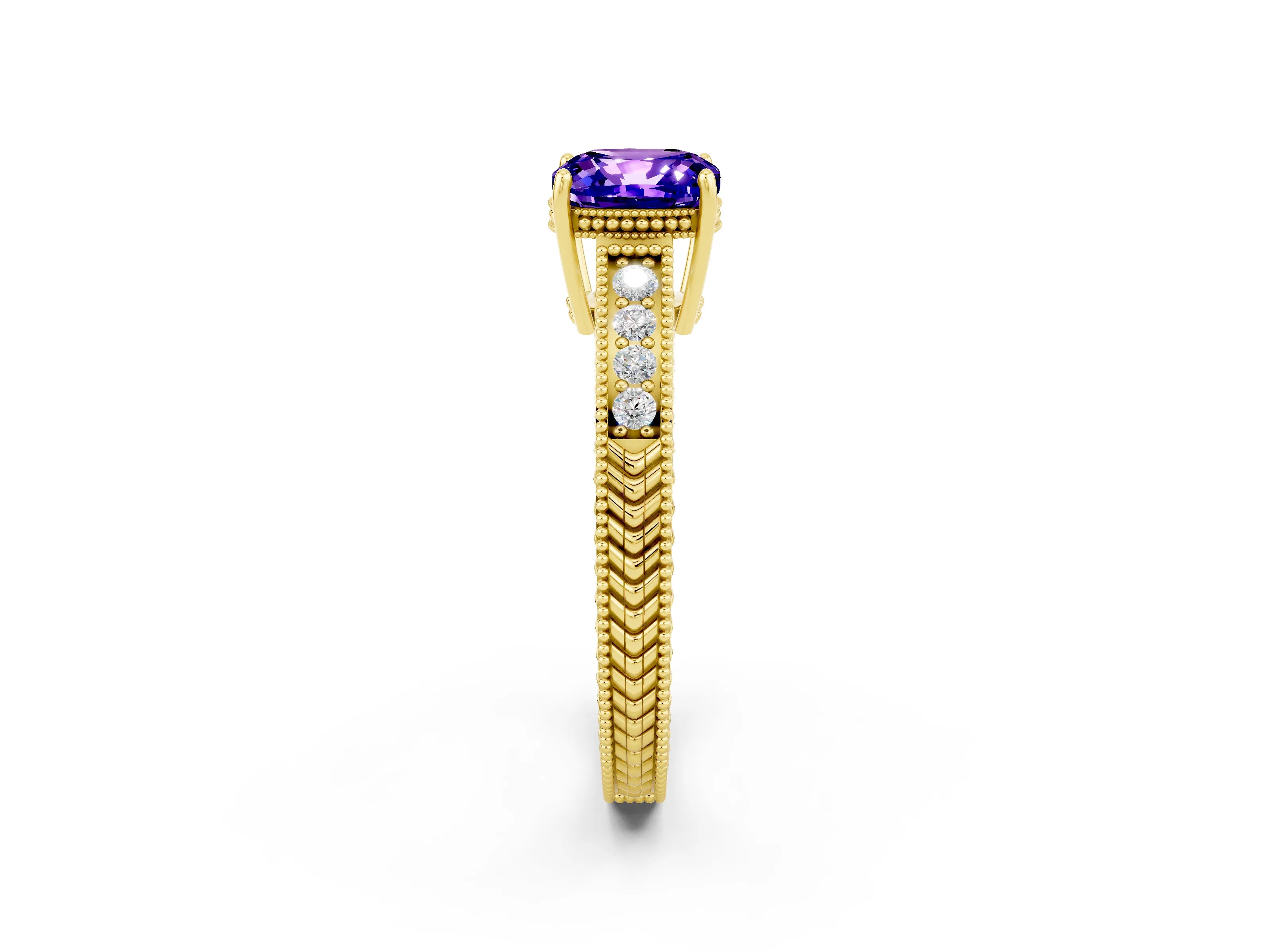 Yellow gold Cushion Cut Tanzanite Ring with Milgrain Pavé Band and Four-Prong Setting_14