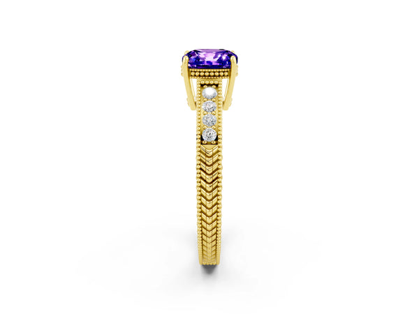 Yellow gold Cushion Cut Tanzanite Ring with Milgrain Pavé Band and Four-Prong Setting