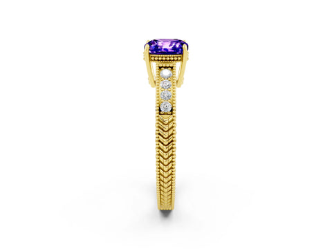 Yellow gold Cushion Cut Tanzanite Ring with Milgrain Pavé Band and Four-Prong Setting_14