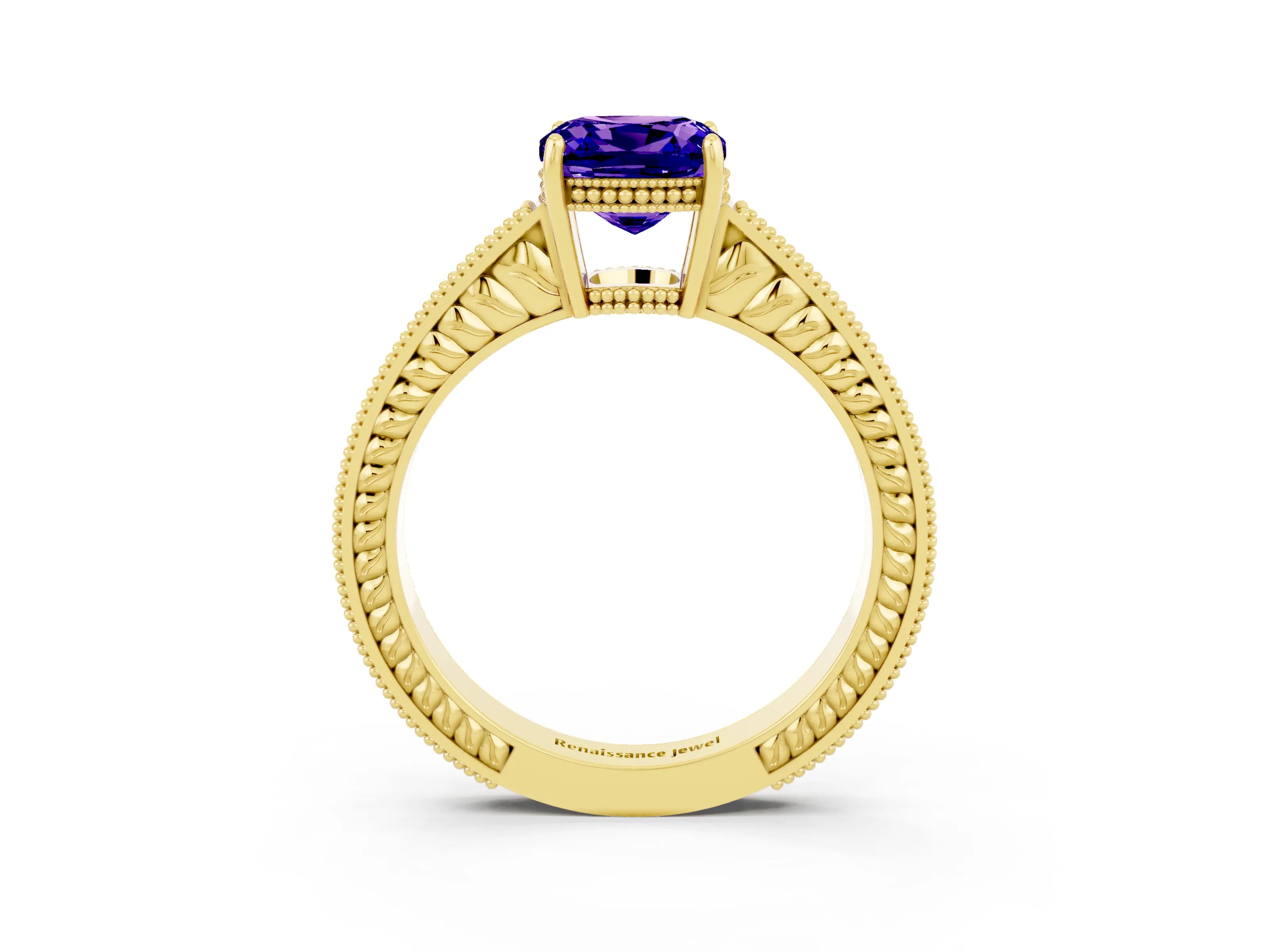 Yellow gold Cushion Cut Tanzanite Ring with Milgrain Pavé Band and Four-Prong Setting_15
