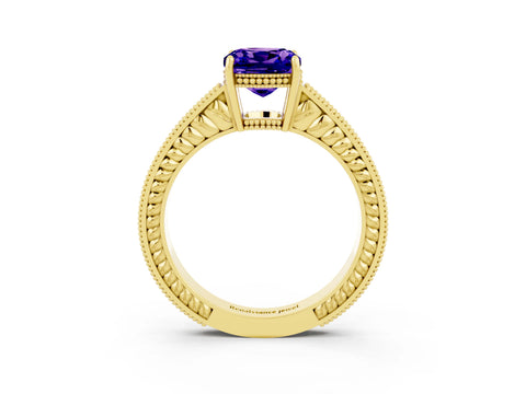Yellow gold Cushion Cut Tanzanite Ring with Milgrain Pavé Band and Four-Prong Setting_15