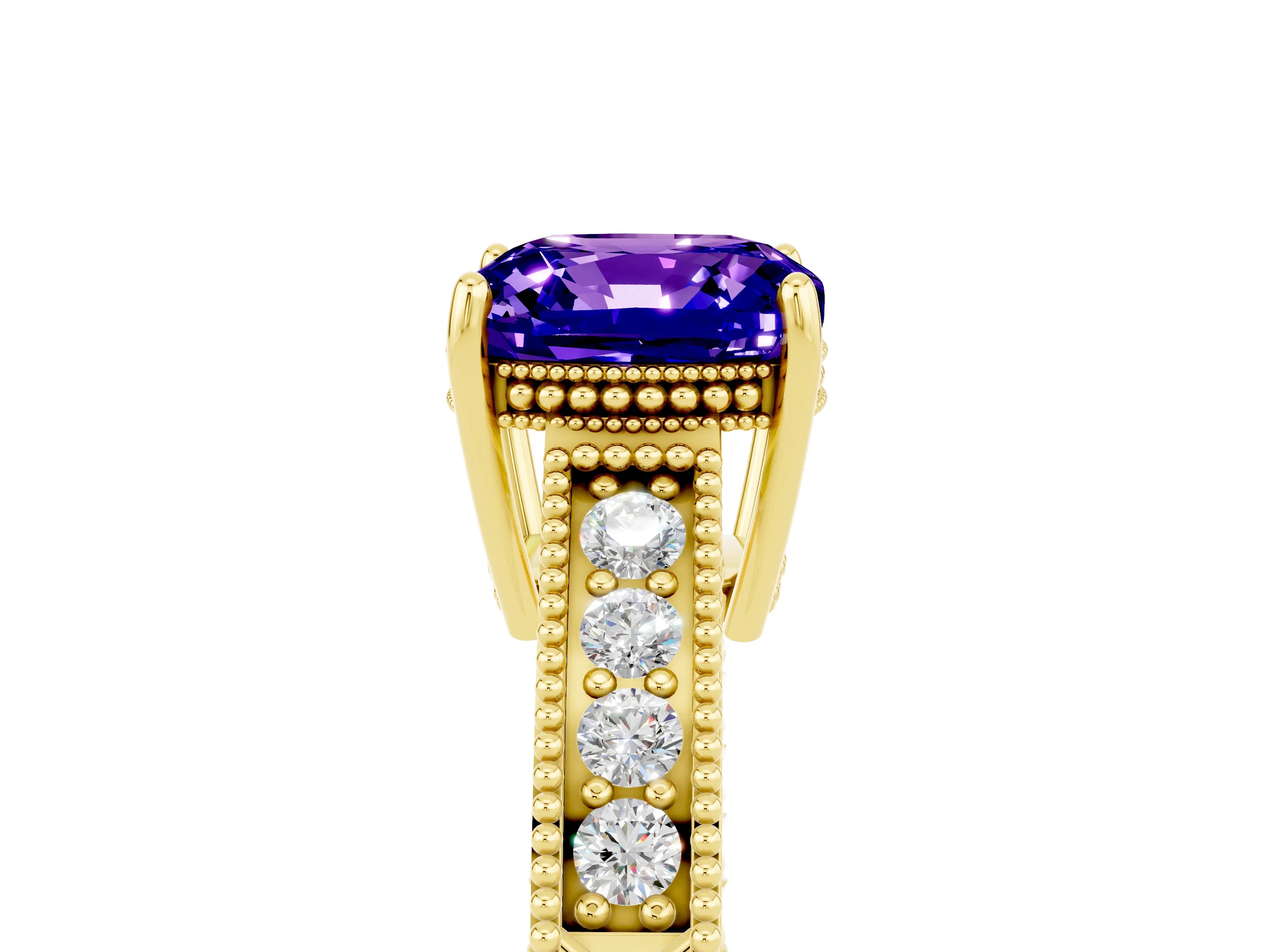 Yellow gold Cushion Cut Tanzanite Ring with Milgrain Pavé Band and Four-Prong Setting_17