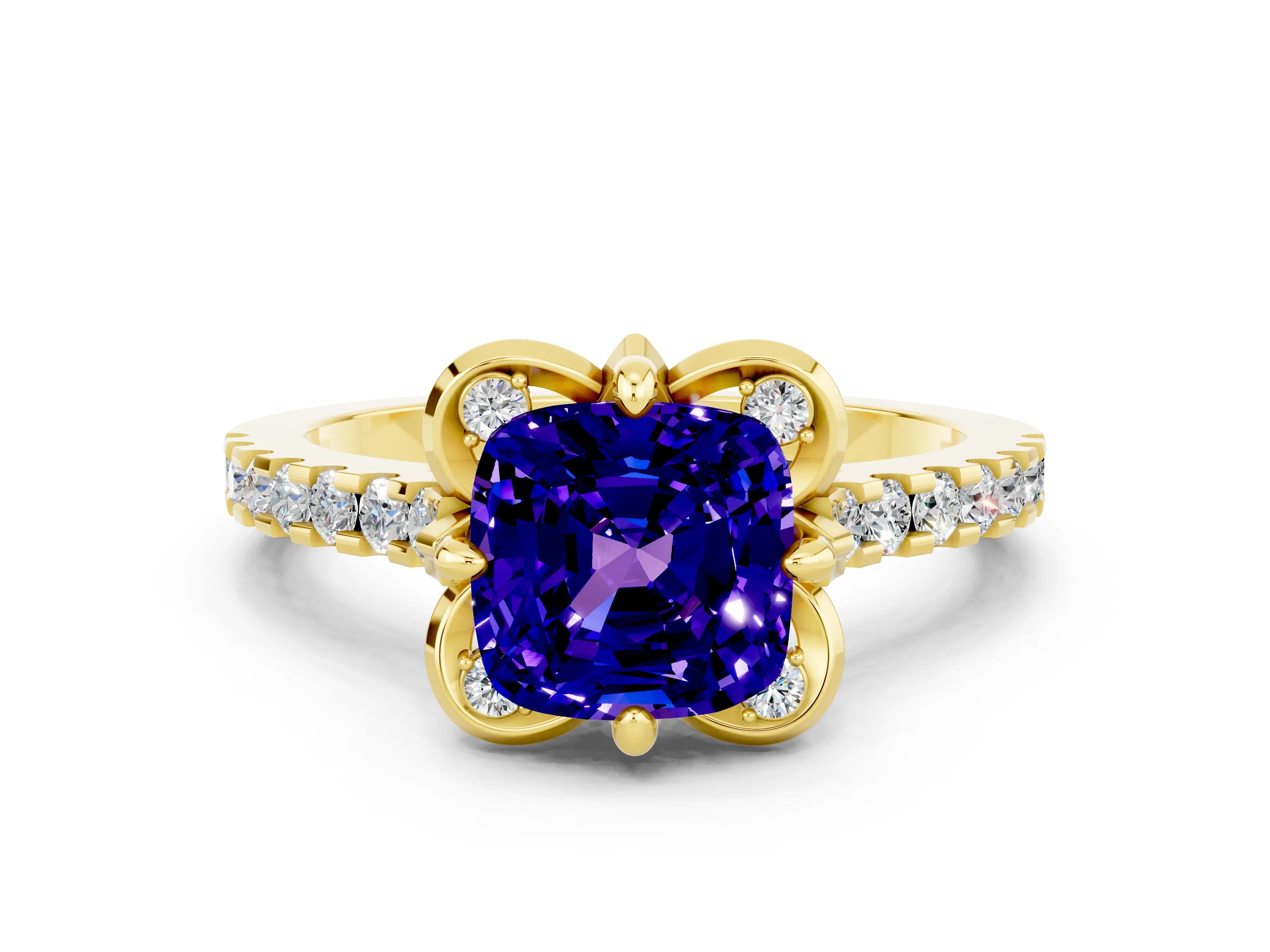 Yellow gold Cushion Cut Tanzanite Ring with Pavé Band and Floral Prong Setting