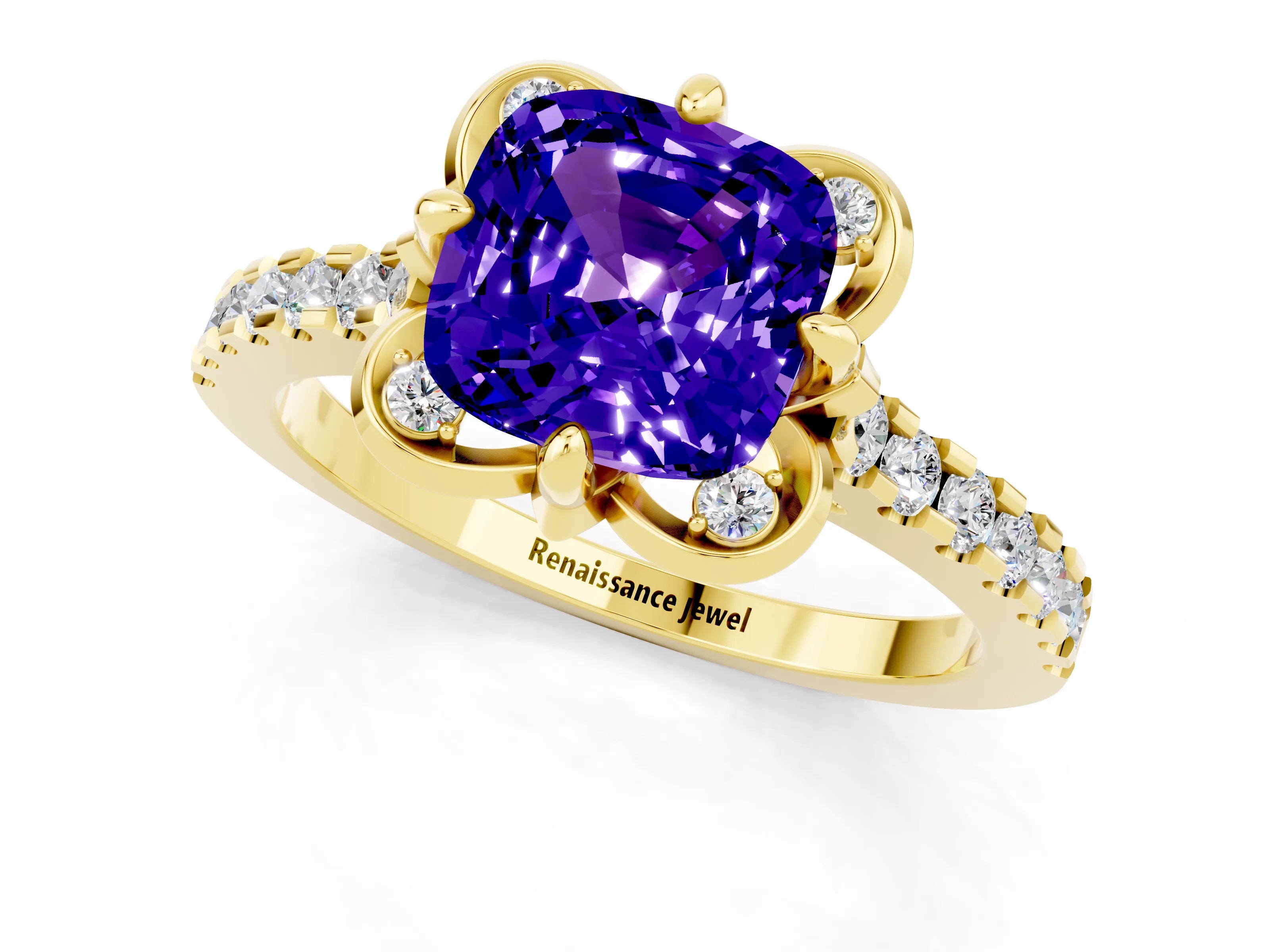 Yellow gold Cushion Cut Tanzanite Ring with Pavé Band and Floral Prong Setting_1