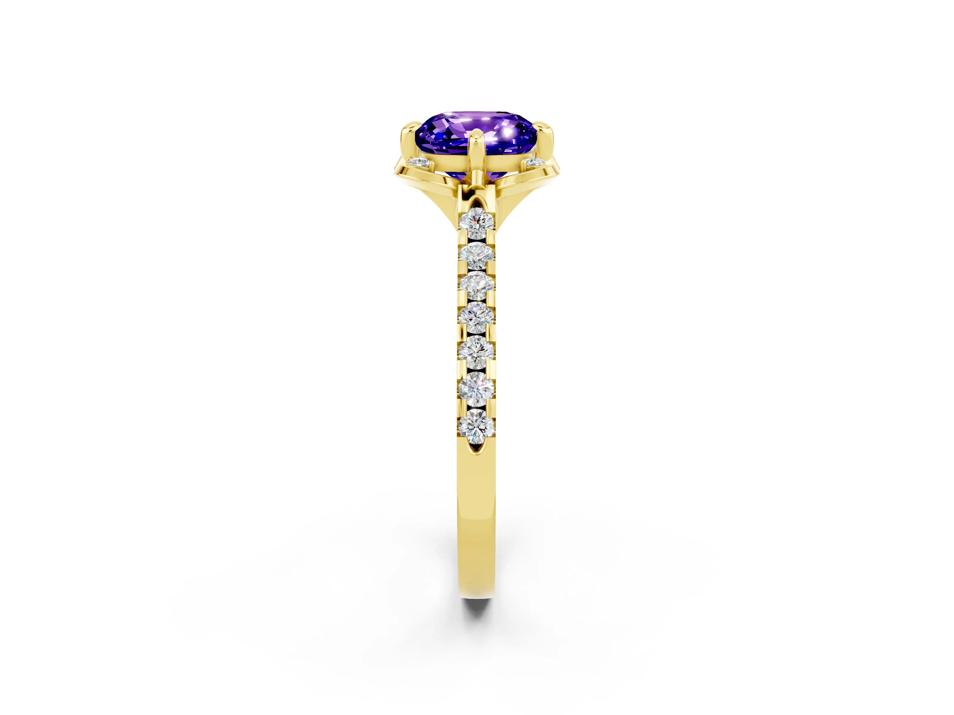 Yellow gold Cushion Cut Tanzanite Ring with Pavé Band and Floral Prong Setting_2