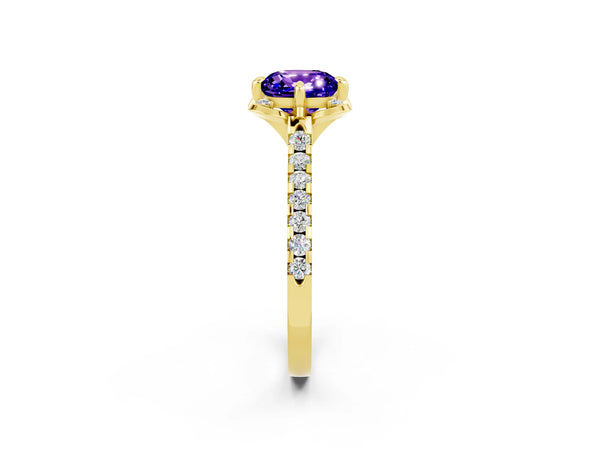 Yellow gold Cushion Cut Tanzanite Ring with Pavé Band and Floral Prong Setting