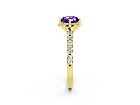 Yellow gold Cushion Cut Tanzanite Ring with Pavé Band and Floral Prong Setting_2