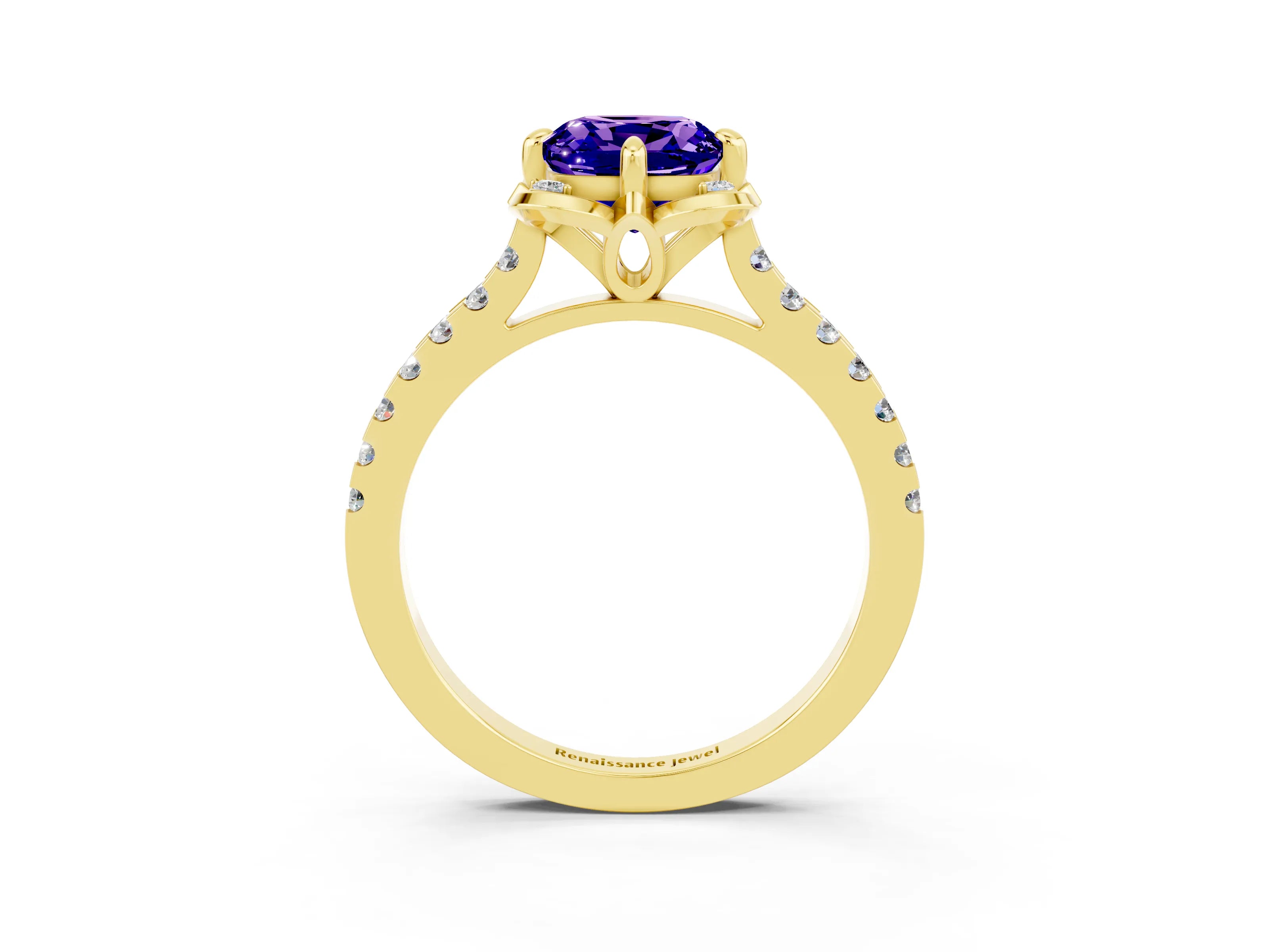 Yellow gold Cushion Cut Tanzanite Ring with Pavé Band and Floral Prong Setting_3