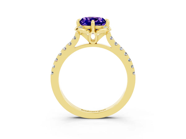 Yellow gold Cushion Cut Tanzanite Ring with Pavé Band and Floral Prong Setting