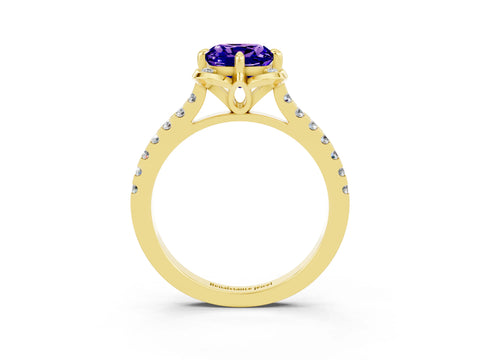 Yellow gold Cushion Cut Tanzanite Ring with Pavé Band and Floral Prong Setting_3