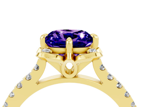 Yellow gold Cushion Cut Tanzanite Ring with Pavé Band and Floral Prong Setting_4