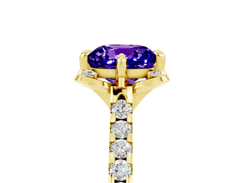 Yellow gold Cushion Cut Tanzanite Ring with Pavé Band and Floral Prong Setting_5