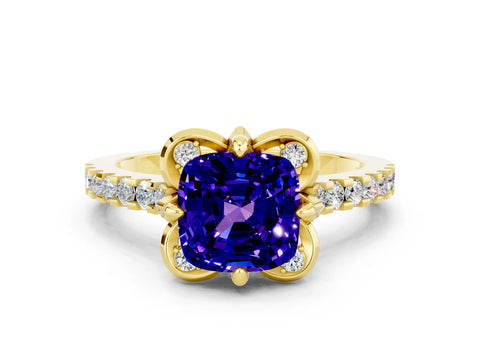 Yellow gold Cushion Cut Tanzanite Ring with Pavé Band and Floral Prong Setting